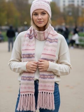 American Eagle Scarf & Beanie Set Pink Fair Isle Angora Wool Blend Fringe Cozy